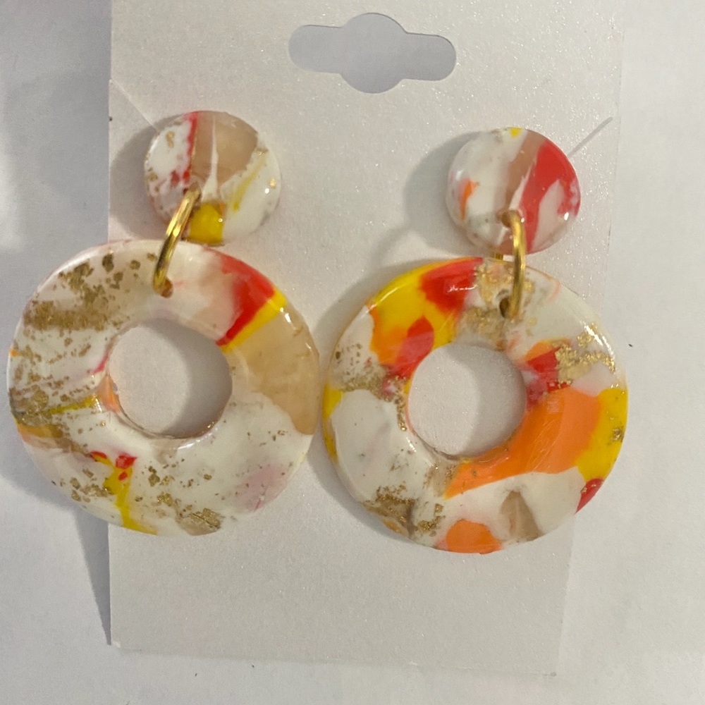 Handcrafted Orange Marbled Polymer Clay Hoop Earrings